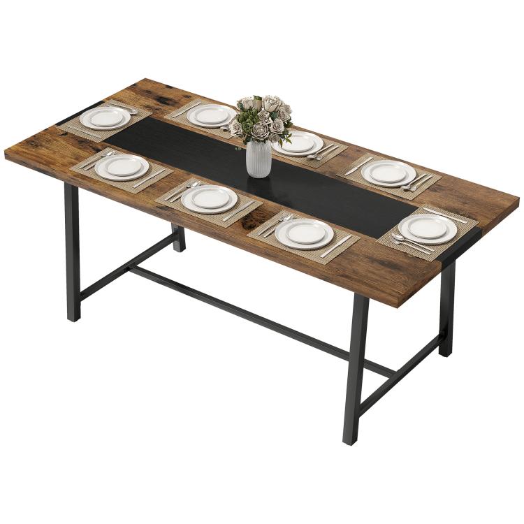 Rectangular brown dining table with black stripe and black steel legs, tabletop centerpiece