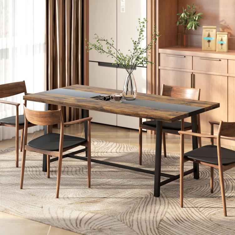 Industrial dining table with dark brown plank top and black steel legs, seating up to 8