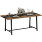 Brown dining table with dark stripe and four black steel legs, styled with place settings