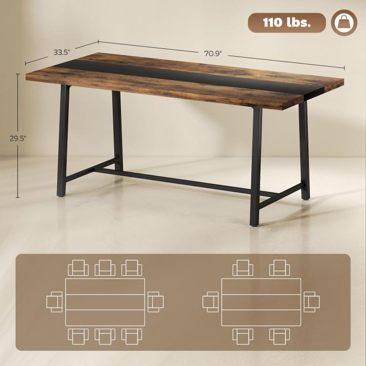 Brown rectangular dining table with black steel frame and legs, shown with size markings