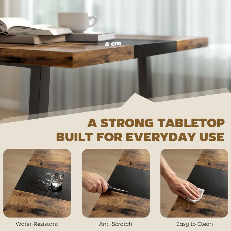 Brown tabletop with dark inlay band and black steel supports, close-up side view