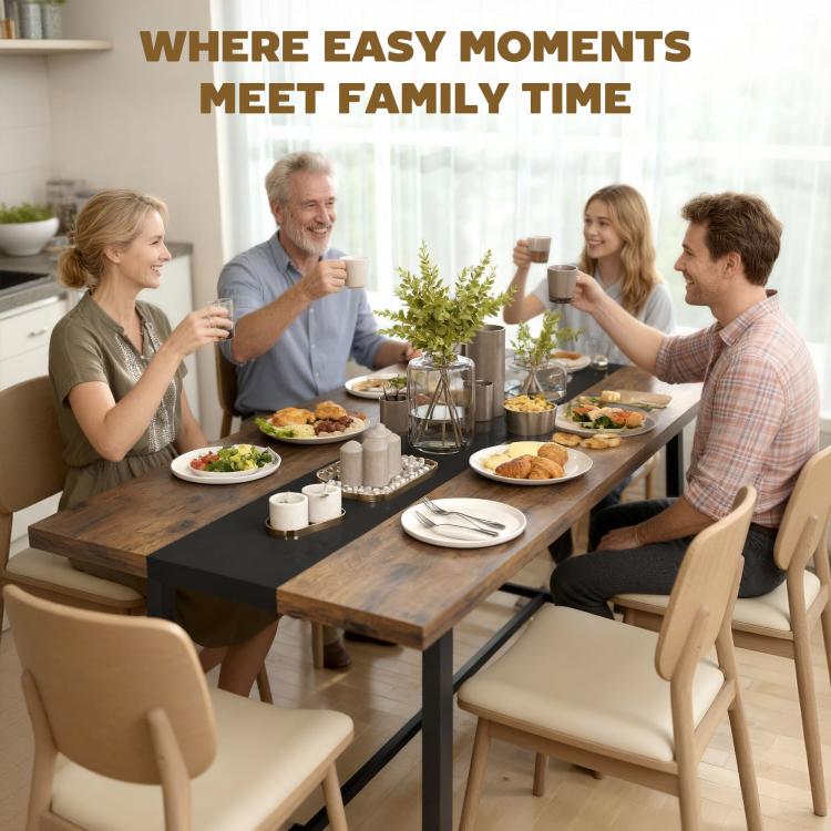Brown dining table with black stripe, family gathering setup with chairs and serving dishes