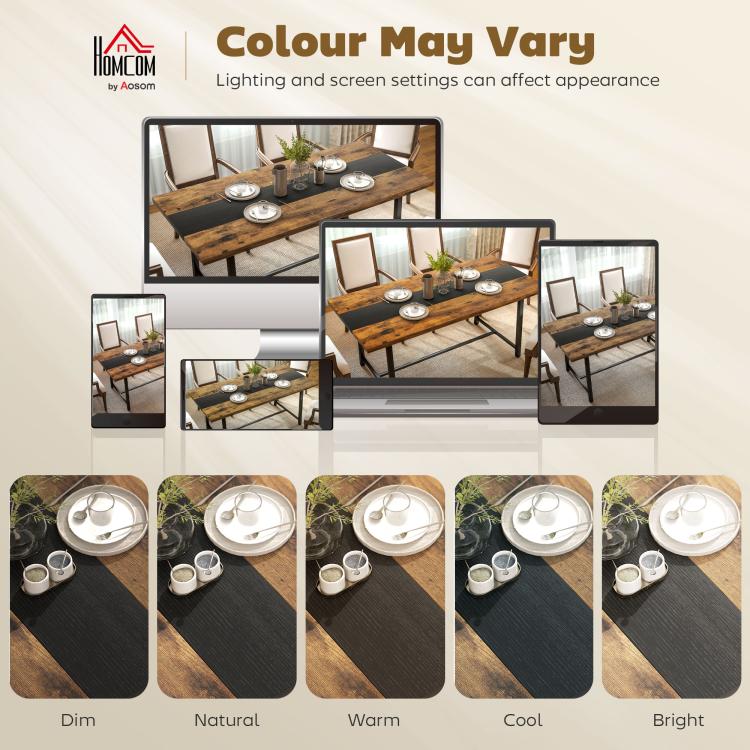 Brown dining table with dark stripe in multiple lighting scenes, place settings on top