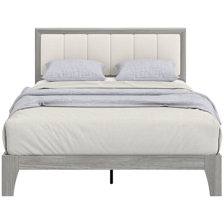 Gray platform bed frame with upholstered headboard and integrated wooden slats