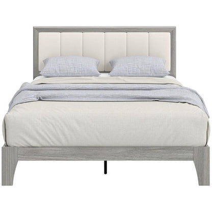 Gray platform bed frame with upholstered headboard and integrated wooden slats