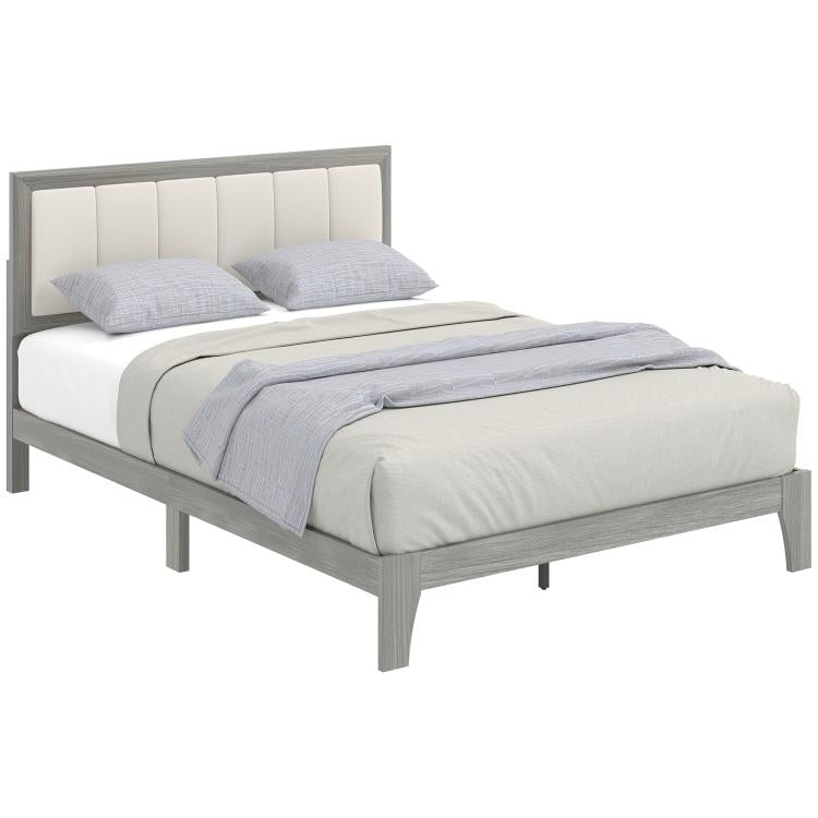 Gray full platform bed with padded headboard and low profile frame