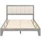 Gray full bed frame headboard with panel upholstery and wooden slat platform