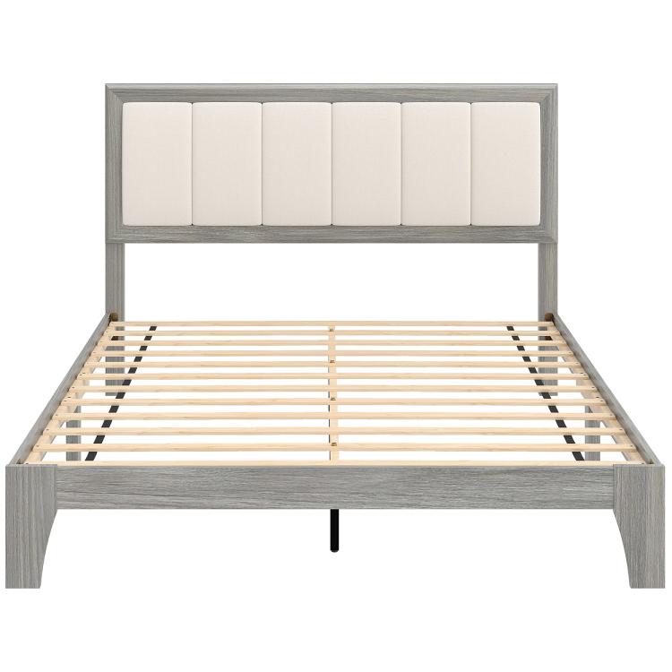 Gray full bed frame headboard with panel upholstery and wooden slat platform