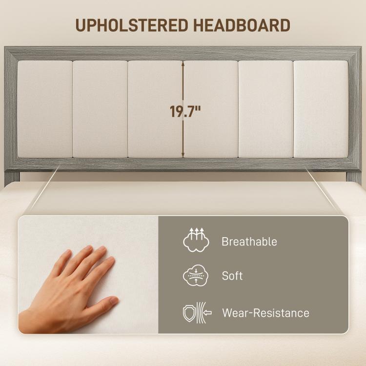 Upholstered gray bed headboard with vertical channel padding