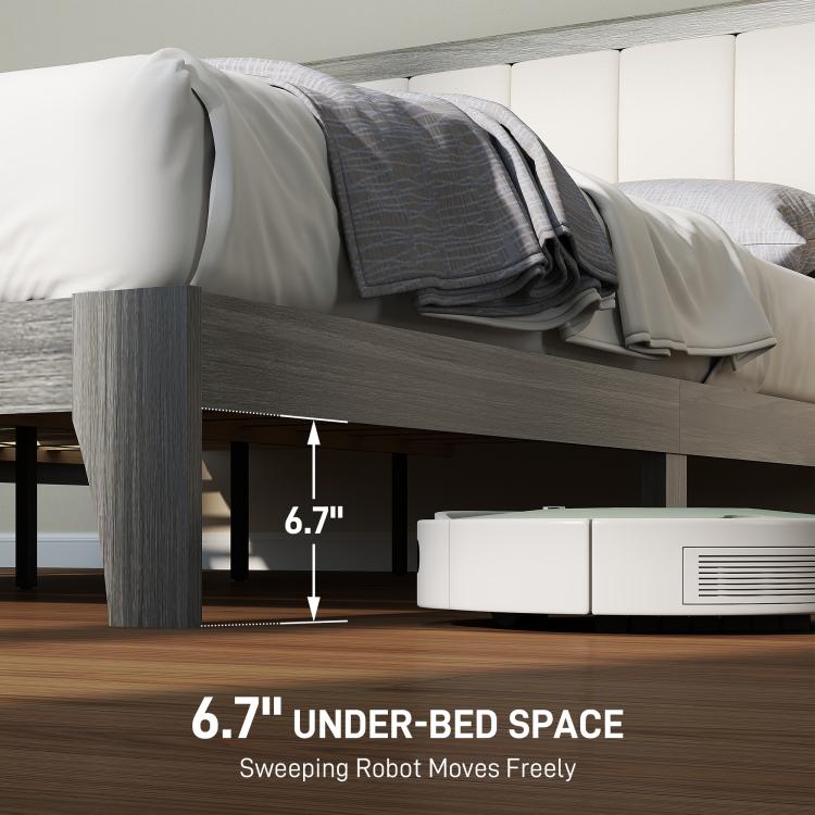 Low gray platform bed with open under-bed space