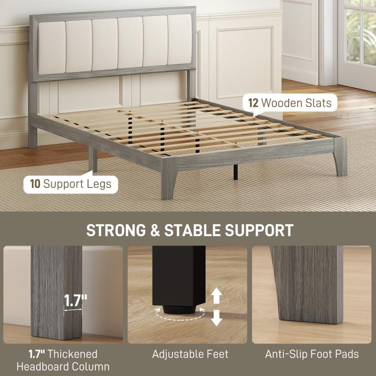 Gray bed frame with 12 wooden slats, support legs, and anti-slip foot pads