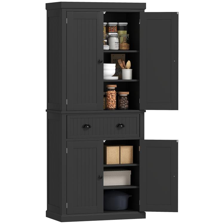 Black kitchen pantry cabinet with open shelves and central drawer, 4 doors