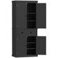 Black kitchen pantry cabinet with doors open to empty shelves and drawer