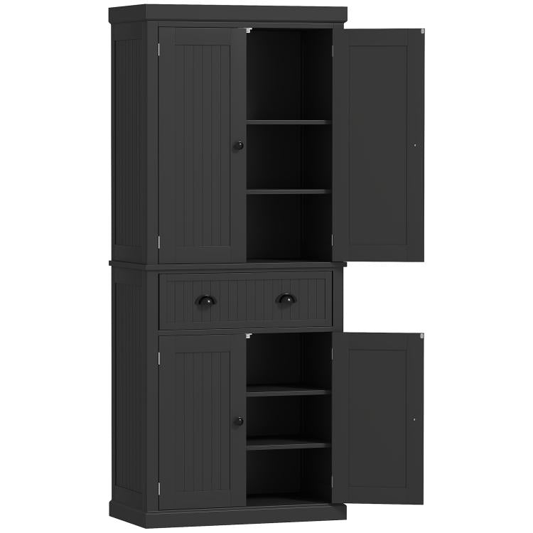 Black kitchen pantry cabinet with doors open to empty shelves and drawer