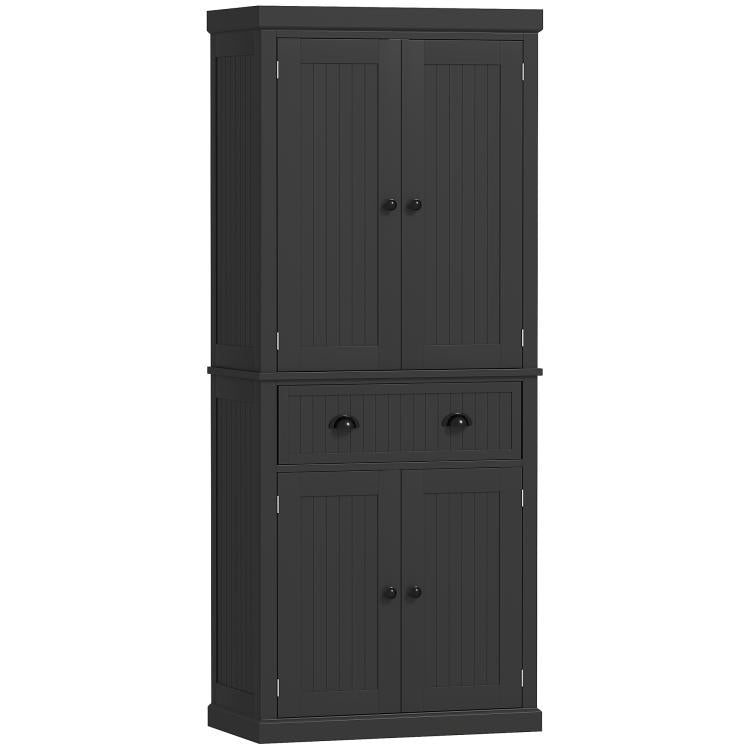 Black kitchen pantry cabinet with four doors and central drawer