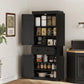 Black pantry storage cabinet with doors open, shelves stocked with kitchen items