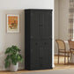 Black kitchen pantry cabinet with double doors and drawer front, doors closed