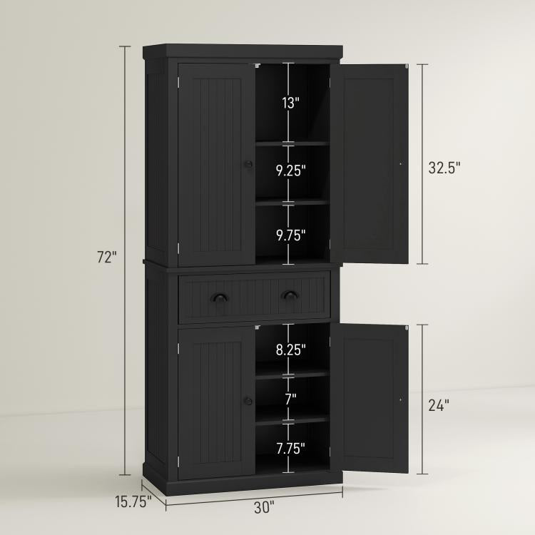 Black kitchen pantry cabinet front view with overall height and width measurements