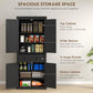 Black kitchen pantry cabinet with open doors showing shelves and center drawer