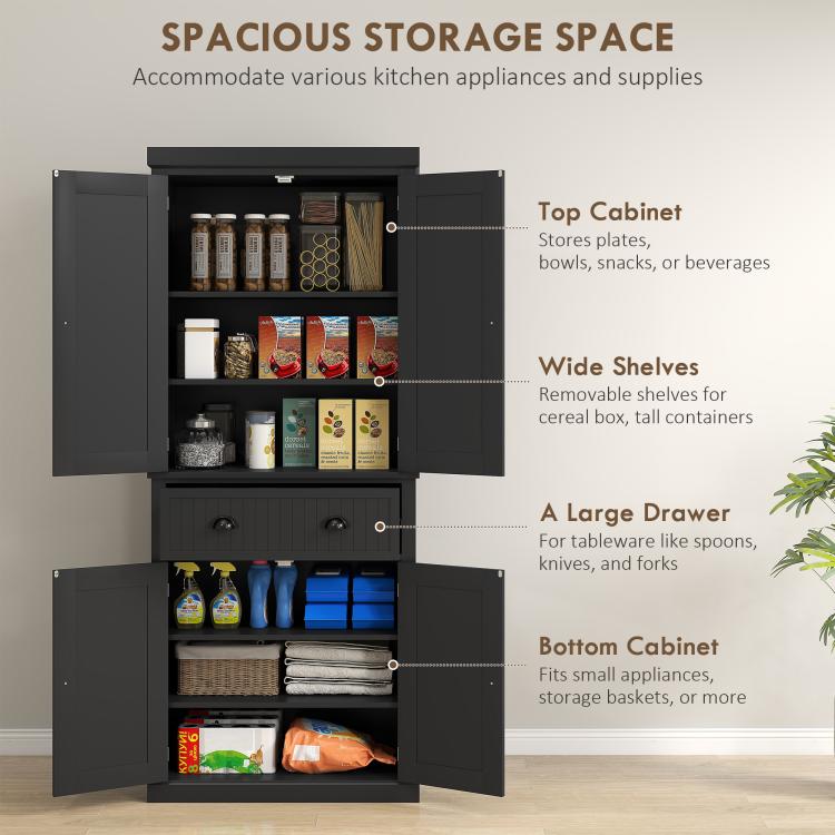 Black kitchen pantry cabinet with open doors showing shelves and center drawer