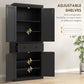 Black pantry cabinet with open compartments showing adjustable shelf positions