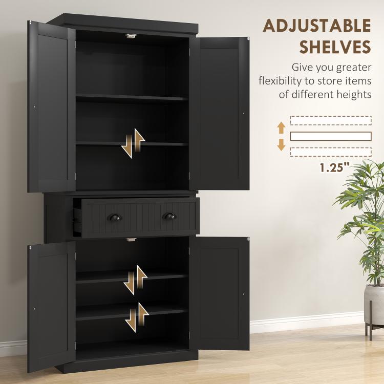 Black pantry cabinet with open compartments showing adjustable shelf positions