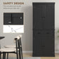 Black kitchen pantry cabinet with anti-tip bracket inset, doors closed