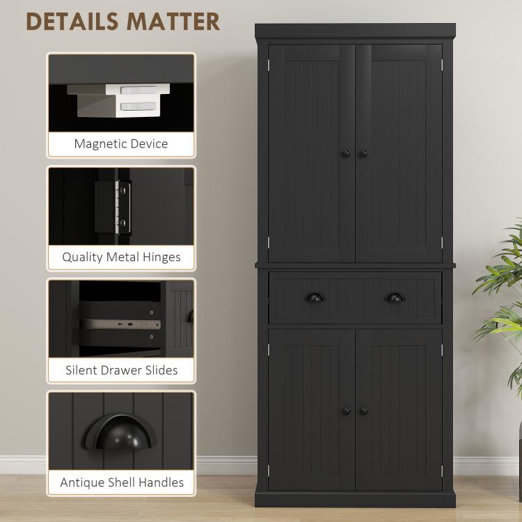 Black pantry cabinet with hinge and drawer slide detail close-ups