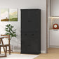 Black kitchen pantry cabinet standing in a room, doors and drawer closed
