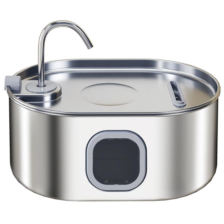 Stainless steel pet water fountain with blue control window and side drinking nozzle