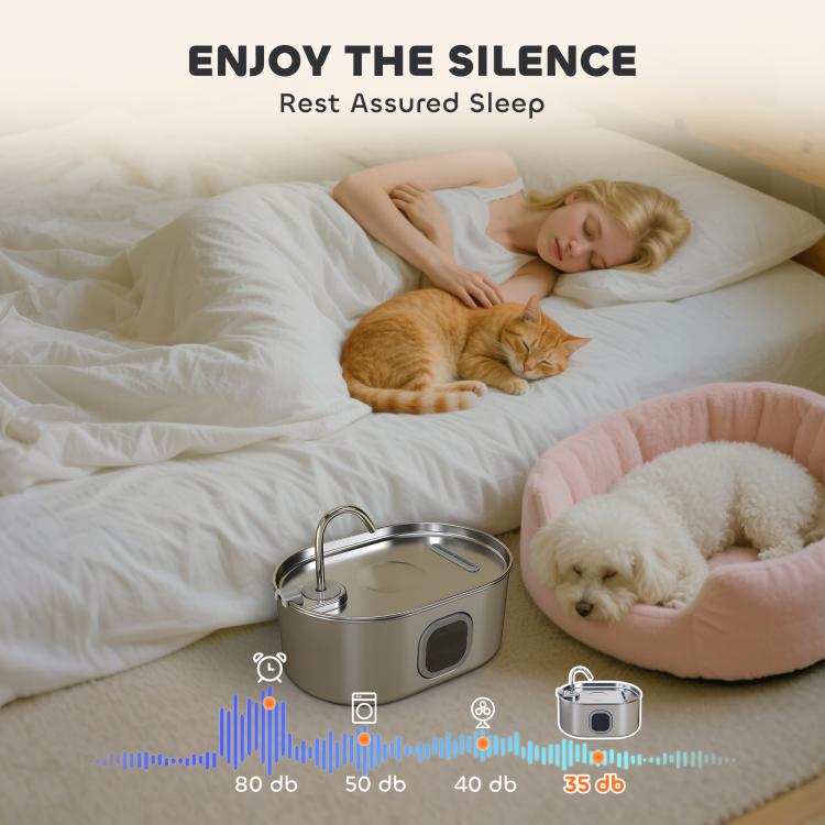 Stainless steel pet water fountain with arched spout and dark front pump window