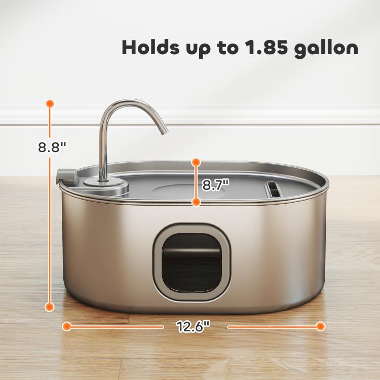 Stainless steel pet water fountain with side LED window and curved drinking spout