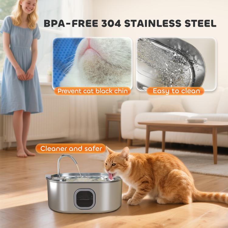 Stainless steel pet water fountain with blue indicator window and circulating water tray