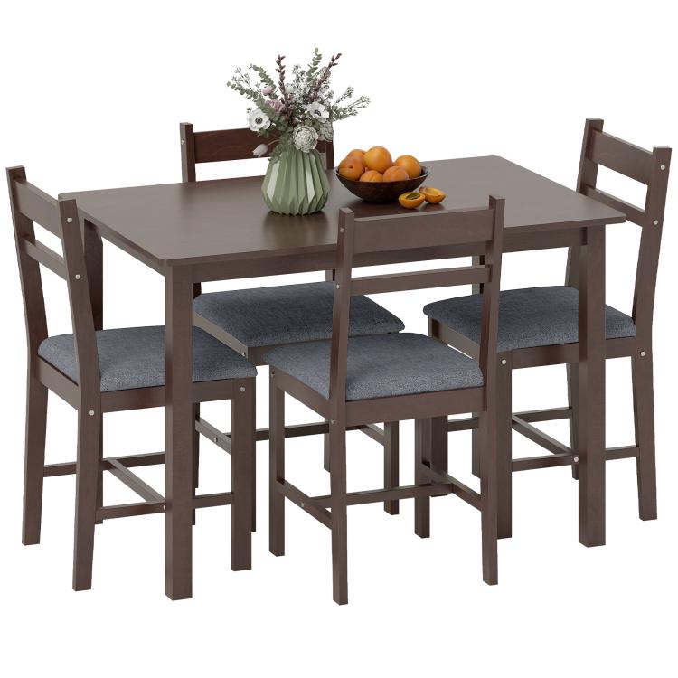 Walnut-brown dining table with four upholstered armchairs, farmhouse wood set