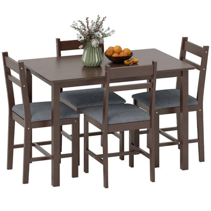 Walnut-brown dining table with four upholstered armchairs, farmhouse wood set