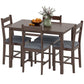 Farmhouse dining table with four upholstered chairs in walnut-brown wood