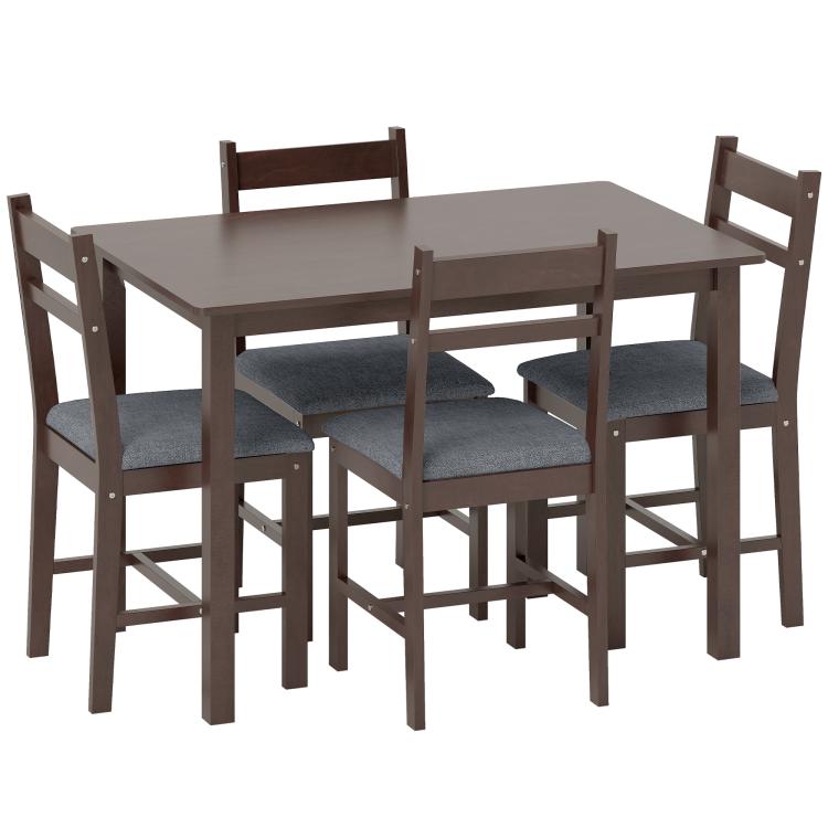 Walnut 5-piece dining table set for four with 4 upholstered chairs, gray seat cushions