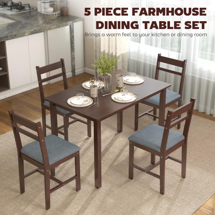 Walnut-brown dining table with four upholstered chairs, farmhouse kitchen set