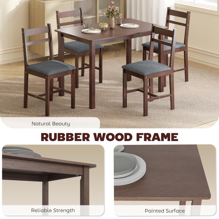 Walnut-brown dining table with four upholstered chairs, gray seat cushions