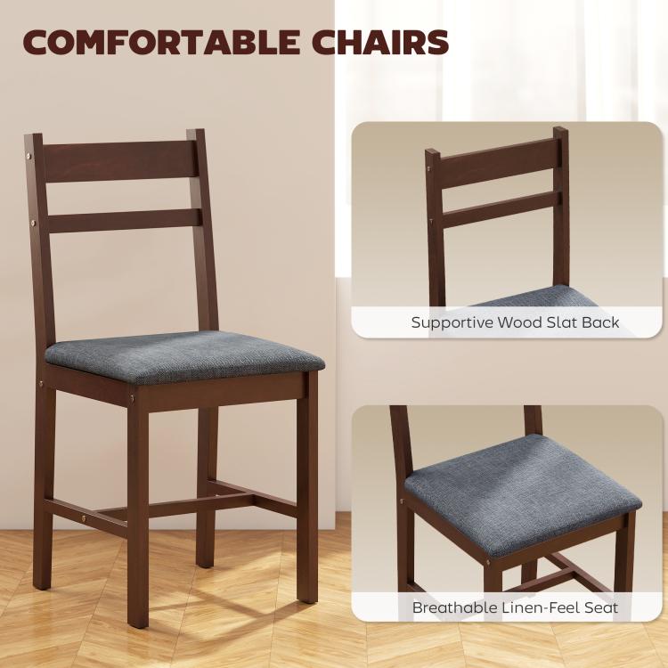 Wood slat-back dining chair with gray upholstered seat cushion