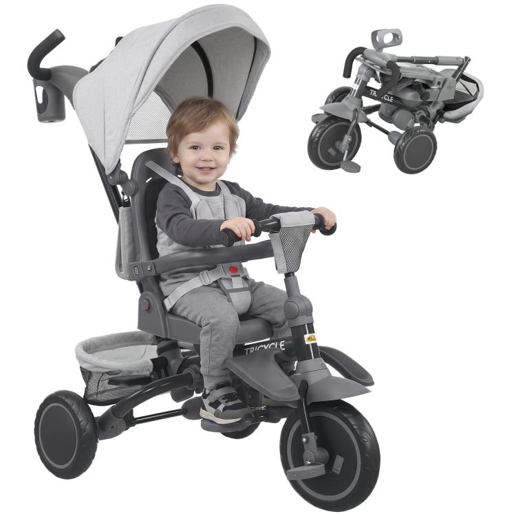 Gray kids tricycle stroller with removable canopy and adjustable push handle