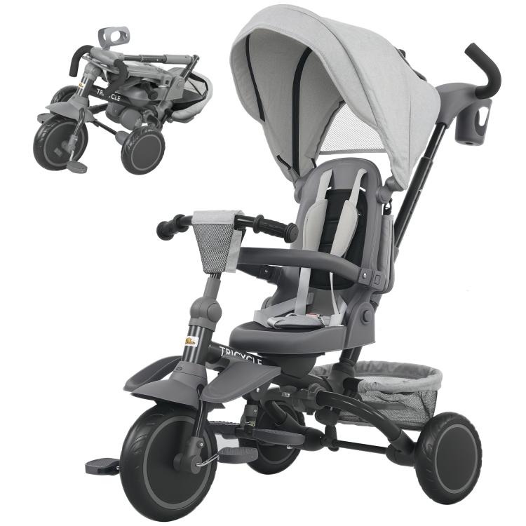 Gray kids tricycle with canopy, padded seat, and three-wheel frame