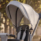 Gray kids tricycle stroller with removable canopy and padded reversible seat, side view