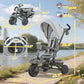Gray kids tricycle stroller shown with size measurements and canopy