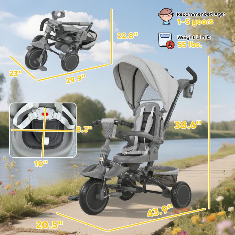 Gray kids tricycle stroller shown with size measurements and canopy