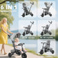 Gray 6-in-1 kids tricycle stroller system with multiple riding configurations