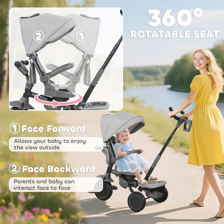 Gray kids tricycle stroller with rotatable seat and adjustable canopy