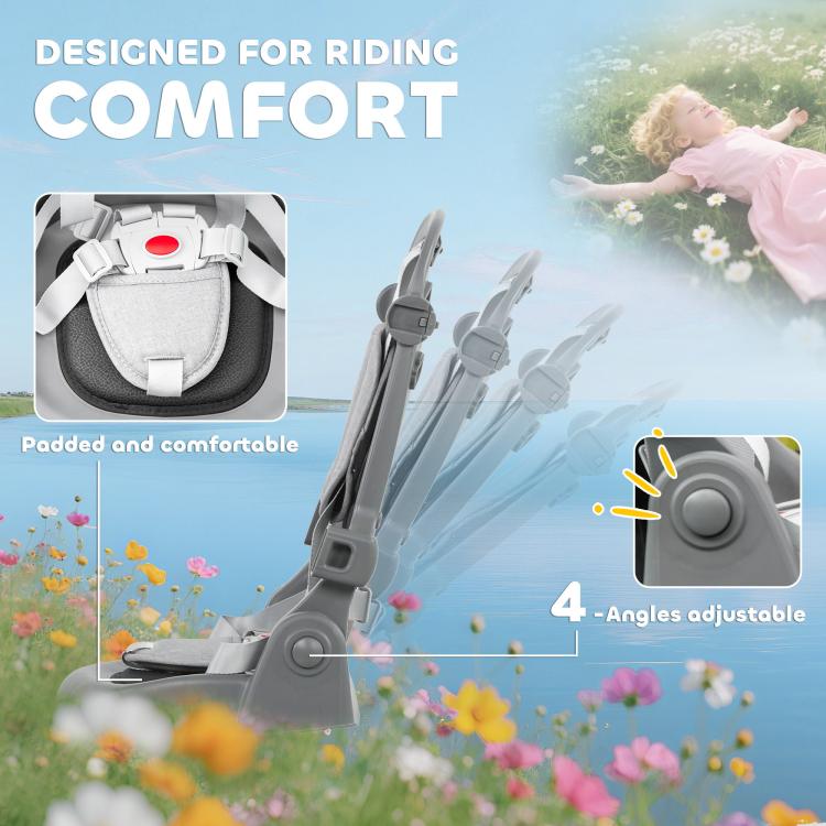 Gray kids tricycle stroller with padded seat and adjustable components