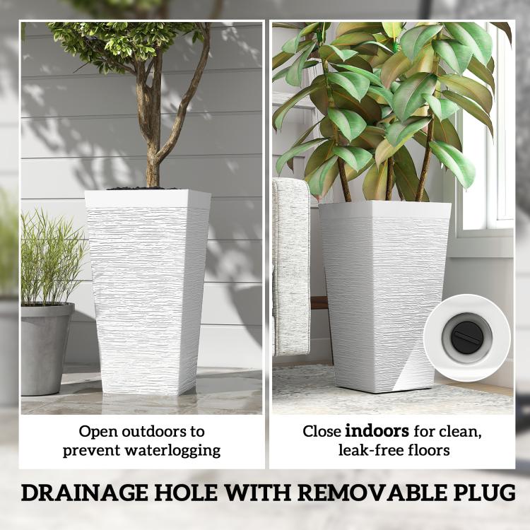 White square planter with removable drainage plug, shown with stacked set