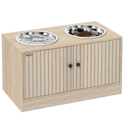 Oak-tone raised dog feeding cabinet with two stainless steel bowls and front doors